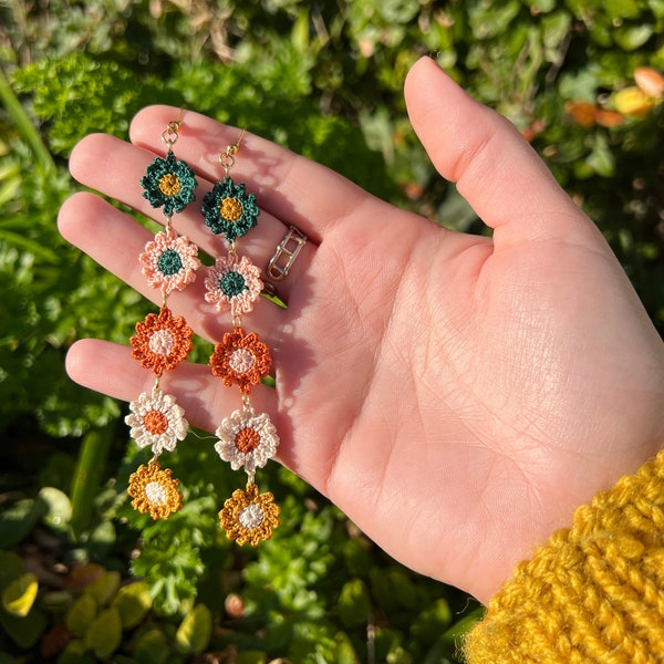 Handmade micro crochet flower chains, daisy chains, crochet drop earrings, hypoallergenic silver, gift