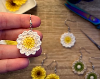 Handmade micro crochet daisy earrings, flower earrings, 14k gold-filled OR sterling silver jewellery