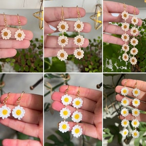Handgemachte gehäkelte Blumen Kettenohrringe, Daisy Chains, klassische und antikfarbene Optionen, 14k goldgefüllter Schmuck