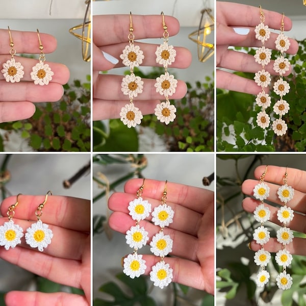 Handmade micro crochet flower chains, daisy chains, crochet drop earrings, hypoallergenic jewellery, gift