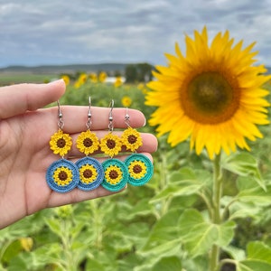 Handmade micro crochet sunflower earrings, 9 colours, crochet drop earrings, 14k gold-filled OR sterling silver jewellery