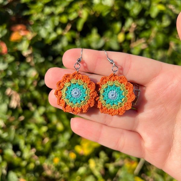 Handmade micro crochet orange, blue flower earrings, flower earrings, hypoallergenic silver, gift