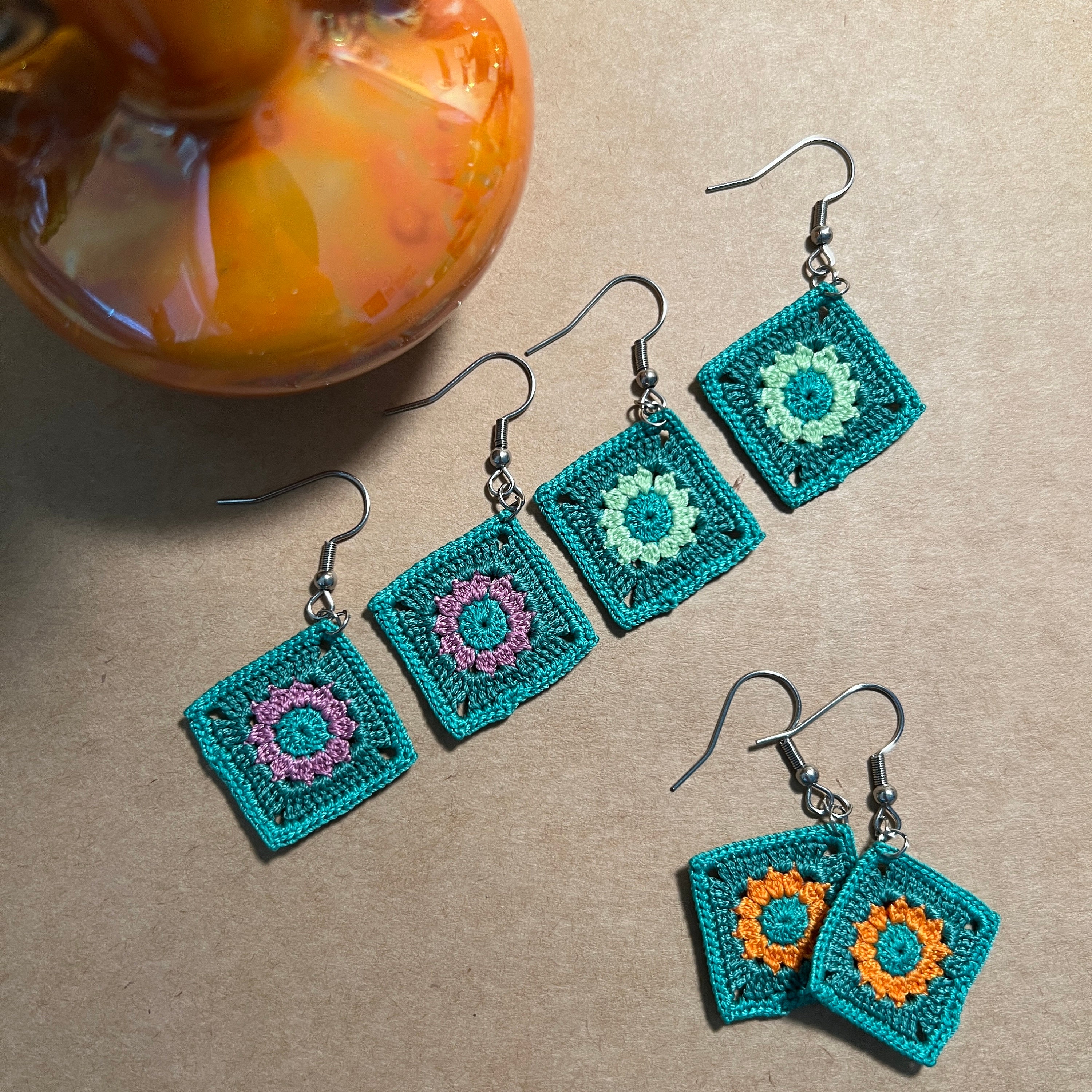 Handmade Micro Crochet Granny Square Earrings Turquoise