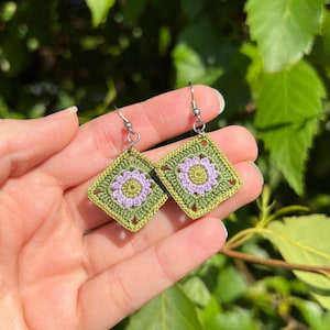 Handmade micro crochet granny square earrings, green, purple crochet earrings, hypoallergenic silver, gift