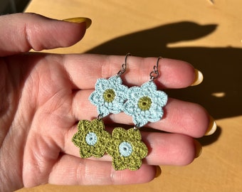 Handmade two-tier micro crochet flowers, blue, green flowers, hypoallergenic silver, gift