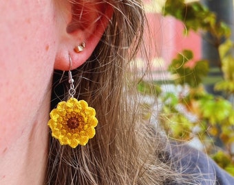 Handmade micro crochet sunflower earrings, flower earrings, hypoallergenic silver, gift