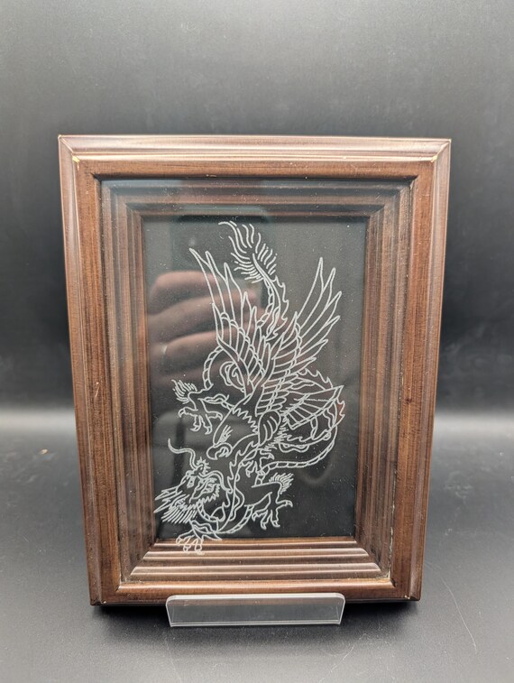 Engraved/Etched American Traditional Eagle vs Dragon - American Traditional Tattoo Style Flash Art On An Upcycled Decorative Wooden Frame