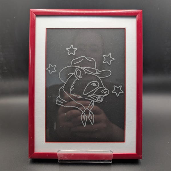 Engraved/Etched Cowboy Raccoon Design - Tattoo Style Flash Art On An Upcycled Decorative Frame