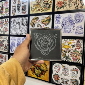 Laser Engraved American Traditional Style Bear Wall Art – Upcycled Frame – Unique Sustainable Handmade Decor