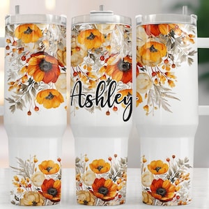 Personalized 40oz  Tumbler with Handle , Custom Floral Tumbler with Straw