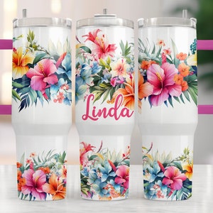 Personalized 40oz Tumbler, Tropical Flower Tumbler, Summer Tumbler, Hibiscus Floral Tumbler, Gift for her