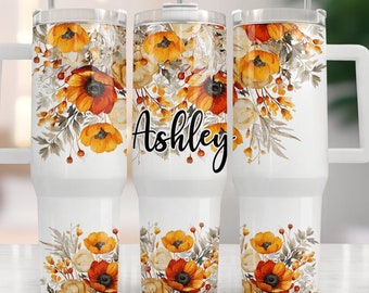 Personalized 40oz  Tumbler with Handle , Custom Floral Tumbler with Straw