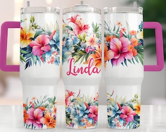 Personalized 40oz Floral Tumbler, Tropical Hibiscus Flower Cup