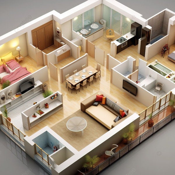 Rendering of the floor plan of a house/apartment/villa. Convert 2D plan to 3D plan. 3D house floor plan, 3D site map,