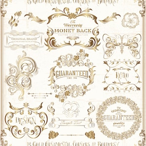 May include: A collection of gold ornamental corners and borders, including frames, flourishes, and decorative elements. The image features text such as "Original Brand", "Money Back", and "Guaranteed". The design is vintage and ornate.