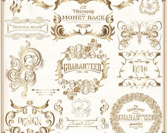60 angoli e bordi ornamentali dorati | Cornici barocche antiche d&#39;epoca | Clipart di striscioni ornamentali | Download digitale PNG SVG