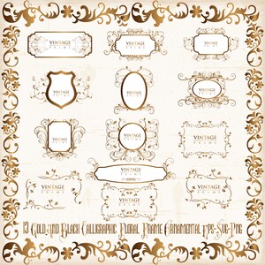 Peut inclure: Un ensemble de 13 ornements de cadre floral calligraphique dorés et noirs. Les cadres sont de formes et de tailles variées et présentent tous des motifs floraux complexes.