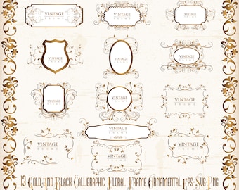 13 Old Gold - Black Frame |Vintage Ornamental | Swirly Floral Gold | Corners | Decorate | Digital file | EPS | PNG - SVG | Instant Download