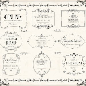 May include: Nine gold, black, and white vintage frame ornaments and labels. The image features various designs with text such as "Genuine Premium Product" and "Original Brand". The text "100% Satisfaction Guaranteed" is also visible.