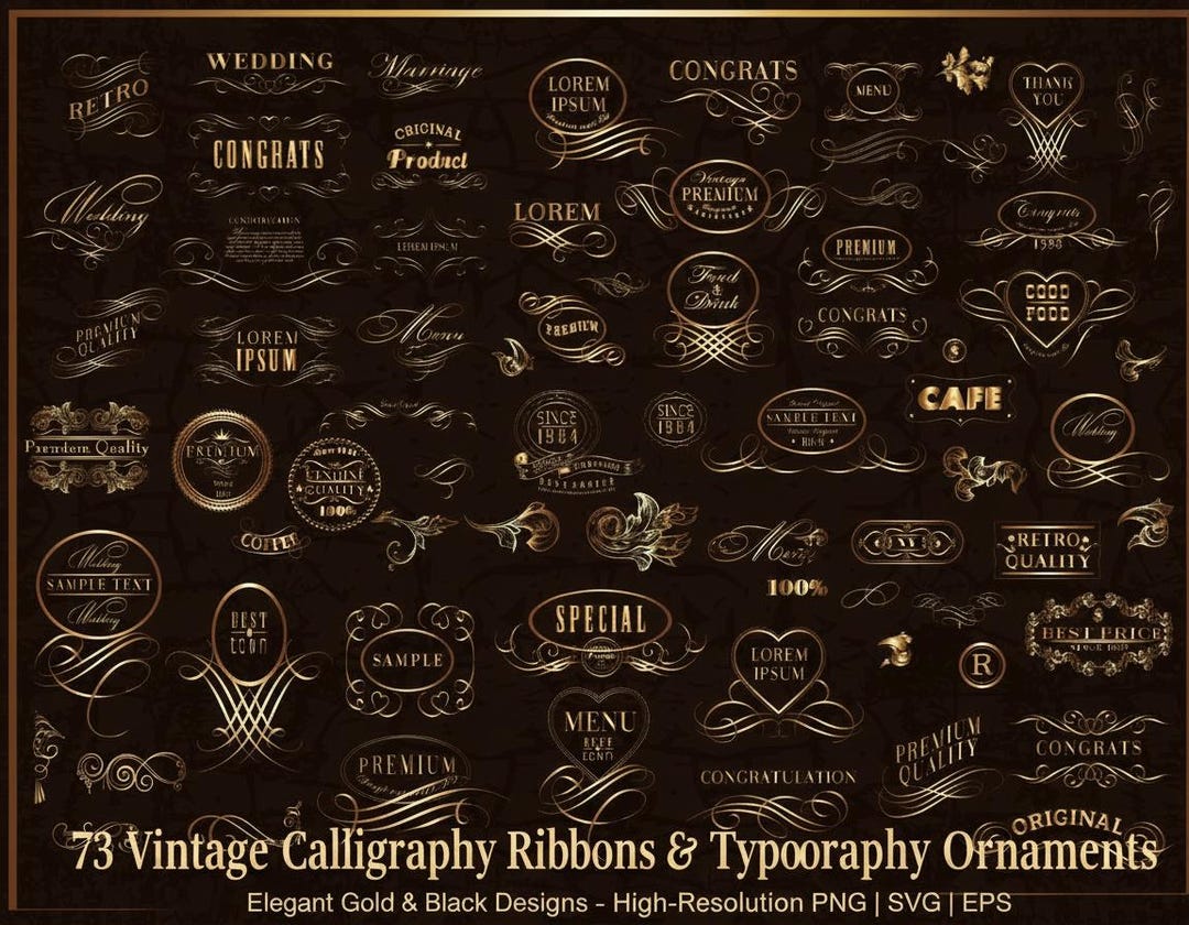 73 Vintage Calligraphy Ribbons Menu Badges Gold Flourish SVG PNG EPS ...
