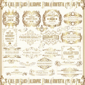 26 Gold and Black Frame Vintage Design Ornamental  | Swirly Floral Set | Decorative | Digital file| Vector EPS| PNG | SVG | Instant Download