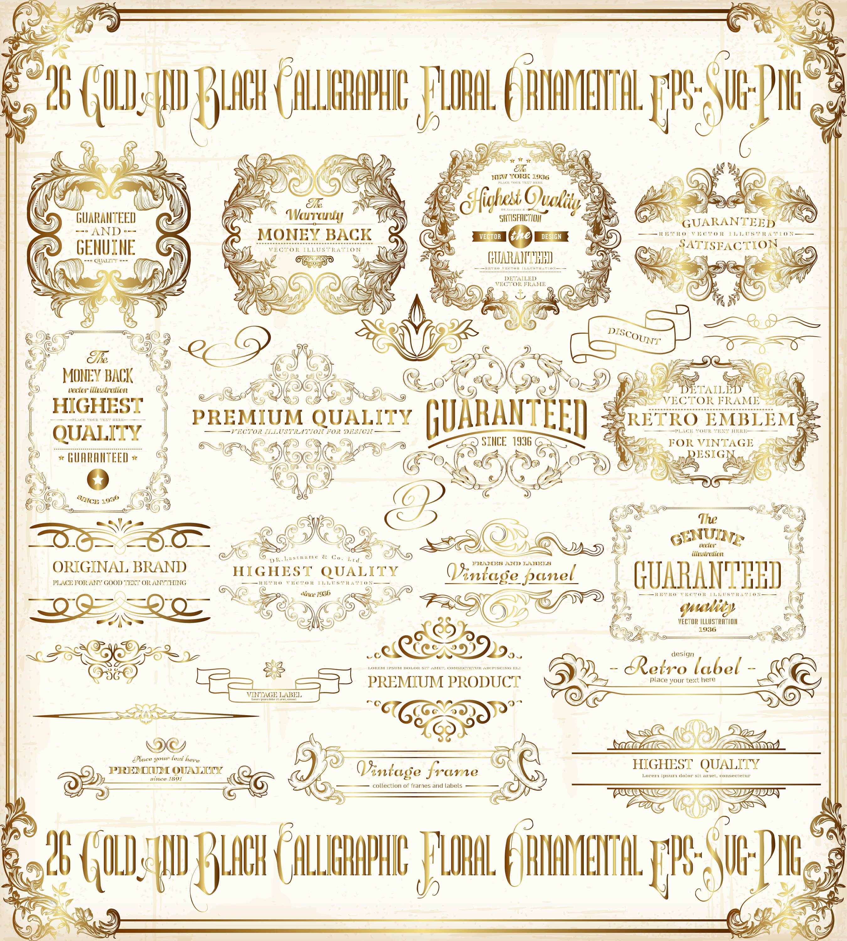 26 Gold and Black Frame Vintage Design Ornamental | Swirly Floral Set | Decorative | Digital files| Vector EPS| PNG | SVG | Instant Download