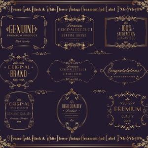 09 Black Gold White | Banner Ornamental Frame | Vintage Design | Swirly Floral Element | Digital file | Set 02 Files | Instant Download