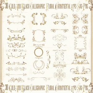 30 Vintage Gold Black Corners Ornate Damask Borders Antique Frames Wedding Clipart PNG
