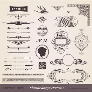 Peut inclure: Ensemble d'éléments de design vintage en tons sépia, comprenant des bordures, des cadres et des illustrations décoratives. L'image présente le mot "INVOICE" et le texte "MESSAGE", ainsi qu'une hirondelle, un visage et d'autres motifs ornés. Le texte "Vintage design elements" est également présent.