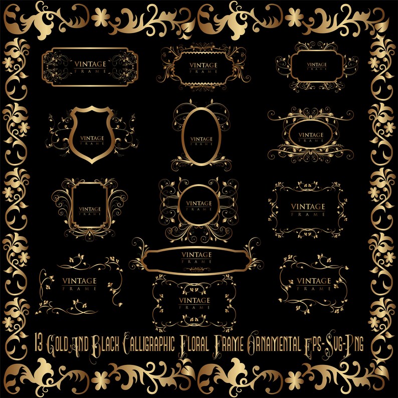 13 Old Gold Black Frame vintage Ornamental Swirly Floral Gold Corners