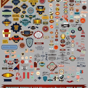 Peut inclure: Un ensemble d'éléments de design de style vintage, comprenant des badges, des étiquettes et des rubans, avec des textes tels que "Original Brand", "Best Quality" et "Sale". La palette de couleurs comprend de l'or, du rouge, du bleu et du marron. Le texte "MASSIVE BUNDLE 229 Elements Design PNG & SVG" est en bas.
