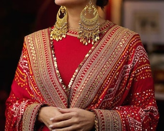 Handmade Red Bandhani Dupatta with Copper Sequins – Traditional Gujarati Bandhani Scarf, Artisanal Indian Wedding Accessory