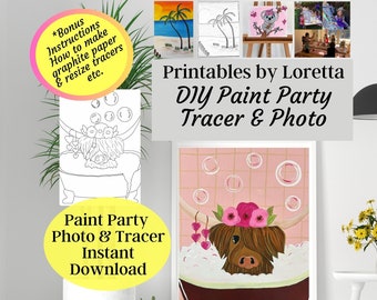 Highland Cow in Bath: DIY Paint Party Kit (Digital Download) Photo, tracer , supply list and instructions.
