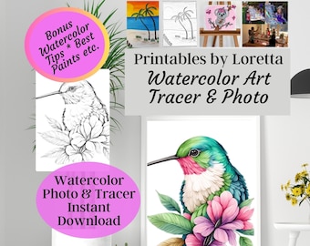 DIY Watercolor Hummingbird & Flower Instant Download Tracer and Reference photo, Bonus Supply list for all Watercolor art info on materials,
