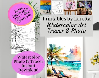 DIY Watercolor Beach Lounge Chairs Instant Download Tracer, Reference photo, Bonus Supply list for Watercolor materials, Sunset, Palm Trees