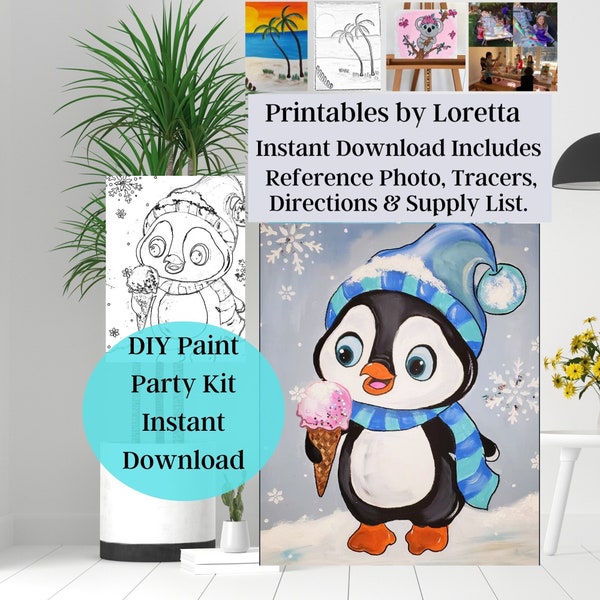 DIY Paint Party Kit Instant Download Penguin and Ice Cream Paint & Sip party, Download Tracer, Step by Step Instructions and supply List !