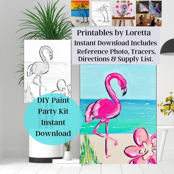 Kit de fiesta de pintura DIY Descarga instantánea Pink Flamingo, incluye foto, trazador para dibujar previamente instrucciones del lienzo y lista de suministros, pintar y beber bricolaje