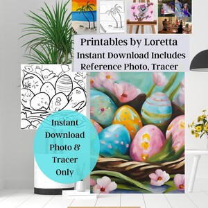Puede incluir: Una pintura colorida de huevos de Pascua en un nido, rodeados de flores rosas. Los huevos están pintados en varios colores, incluyendo azul, amarillo y rosa. La imagen también incluye un dibujo lineal en blanco y negro de huevos de Pascua y texto que dice "Printables by Loretta" y "Instant Download Includes Reference Photo, Tracer."