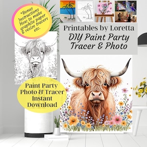 Puede incluir: Un conjunto de fiesta de pintura DIY imprimible con una vaca de las Tierras Altas con flores. El conjunto incluye una foto y un trazador para usar con papel de grafito. *Instrucciones adicionales: Cómo hacer trazadores de papel de grafito y cambiar el tamaño, etc.