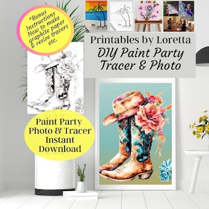 May include: A printable DIY paint party set featuring a pair of cowboy boots with a hat and flowers. The set includes a photo and a tracer for coloring.