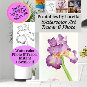DIY 水彩アイリスフラワー インスタントダウンロード、トレーサー、写真、すべての水彩画材料のボーナスサプライリスト、ルーズ水彩画、デジタルデザイン