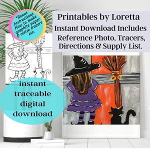 DIY Paint Party Kit Sofort-Download, Fun Halloween Hexe & Katze enthält Foto, Tracer, Anleitung, Materialliste, Bonus Info, Kids Art!