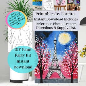 Zestaw DIY Paint Party April in Paris, malowanie wieży Eiffla, natychmiastowe pobieranie zdjęć, znaczniki 8x10 11x14, instrukcje, lista materiałów, wieczór panieński