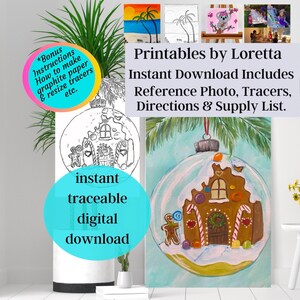 Może przedstawiać: Cyfrowy plik do pobrania z tutorialem malowania ozdoby w kształcie piernikowego domku. Tutorial zawiera zdjęcie referencyjne, szablony, instrukcje i listę materiałów. Obraz przedstawia ukończony obraz ozdoby w kształcie piernikowego domku z cukrowymi laskami, sercami i piernikowym ludzikiem.