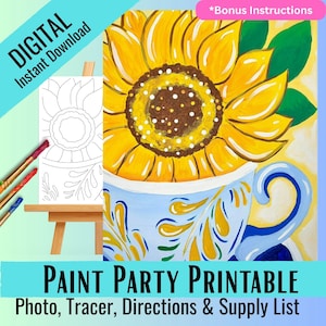 Zestaw DIY Paint Party do pobrania natychmiast, Cup of Sunshine, zdjęcie referencyjne, śledzący, instrukcje, lista materiałów, pomysły na malowanie, słonecznik w kubku