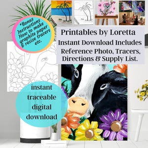 DIY Paint Party Kit Sofortiger Download Kuh mit Blumen, Foto, Leuchtspur, Anleitung, Materialliste, Bonus-Informationen, Schluck und Farbe