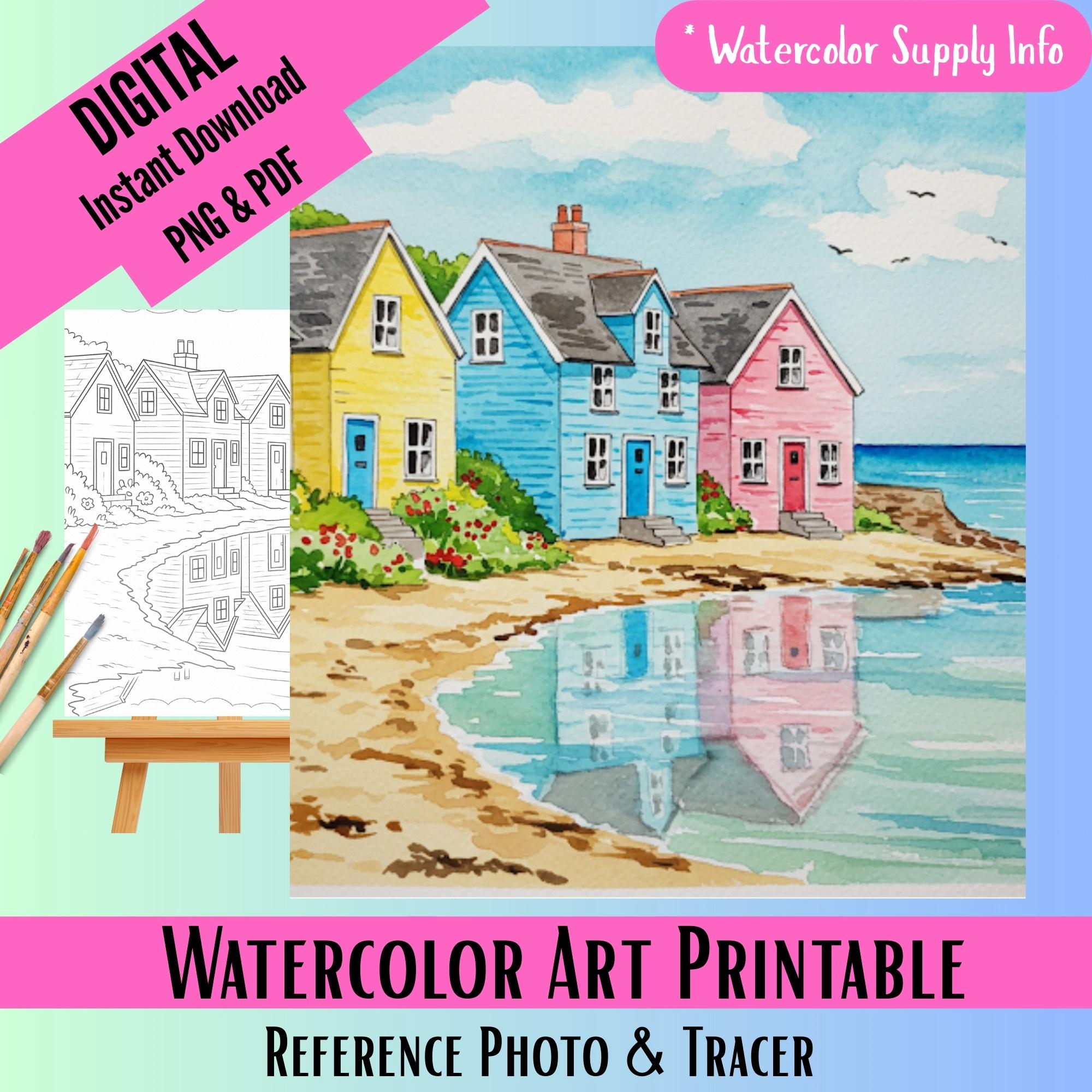 Watercolor Template Seaside Houses Instant Download , Tracer, photo, Bonus Supply list for Watercolor materials, PNG & PDF, Painting Ideas