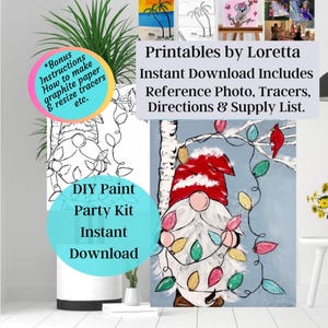 Zestaw DIY Paint Party do pobrania natychmiast. Świąteczny krasnal i światła. Paint & Sip Party, zdjęcie, Tracer, instrukcje, lista materiałów, informacje bonusowe, dzieci