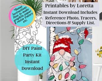 Gnome Christmas Paint Party Kit: DIY Painting, Lights (Digital Download) Photo, tracer , supply list and instructions.