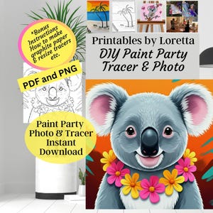 Op de afbeelding: Digitale DIY Paint Party-afdrukken van Loretta, met een lachende koala met een bloemenkrans. Bevat PDF- en PNG-bestanden, met bonusinstructies over het maken van grafietpapier en het wijzigen van de grootte van tracers. De afbeelding toont ook voorbeelden van voltooide schilderijen.